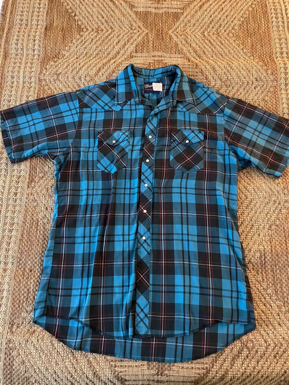 WRANGLER X-long tails 17.5 XL short sleeve metal snap plaid cowboy shirt